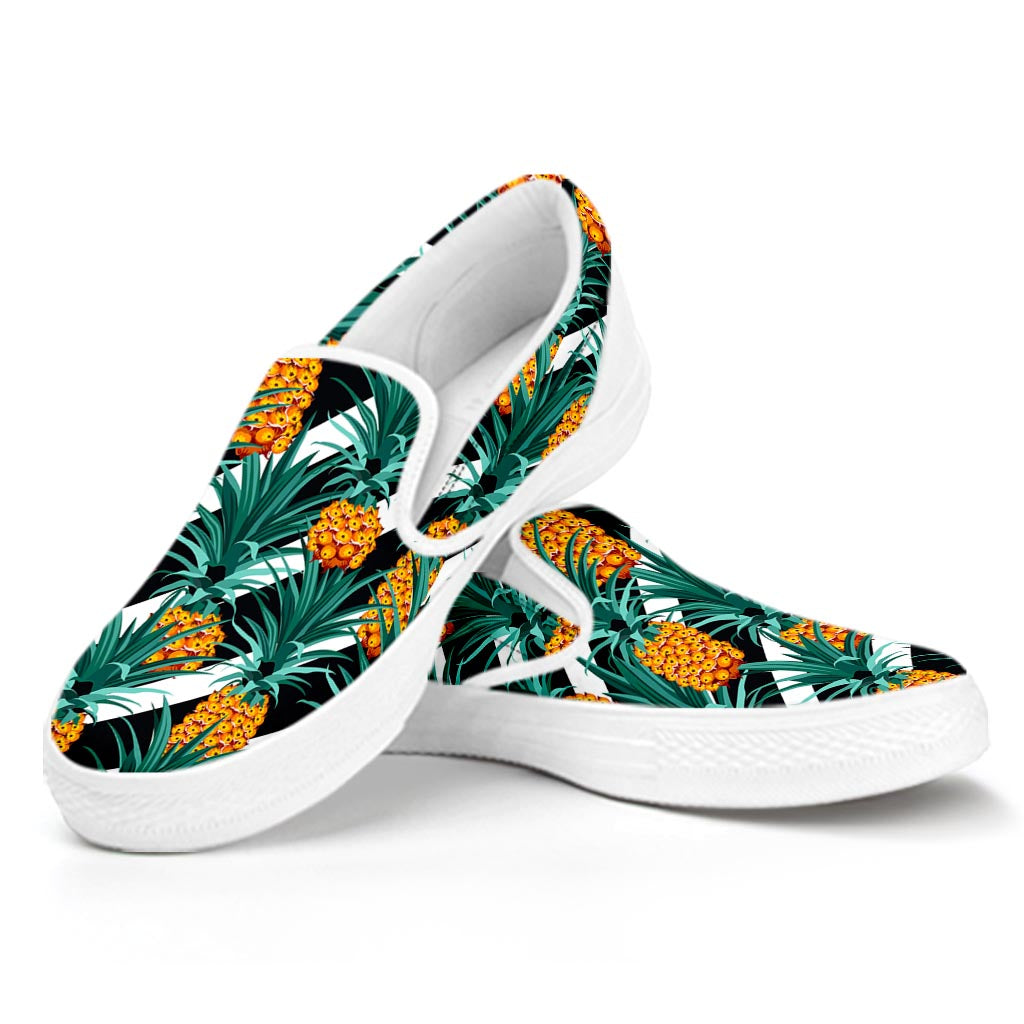 Pineapple Striped Pattern Print White Slip On Sneakers