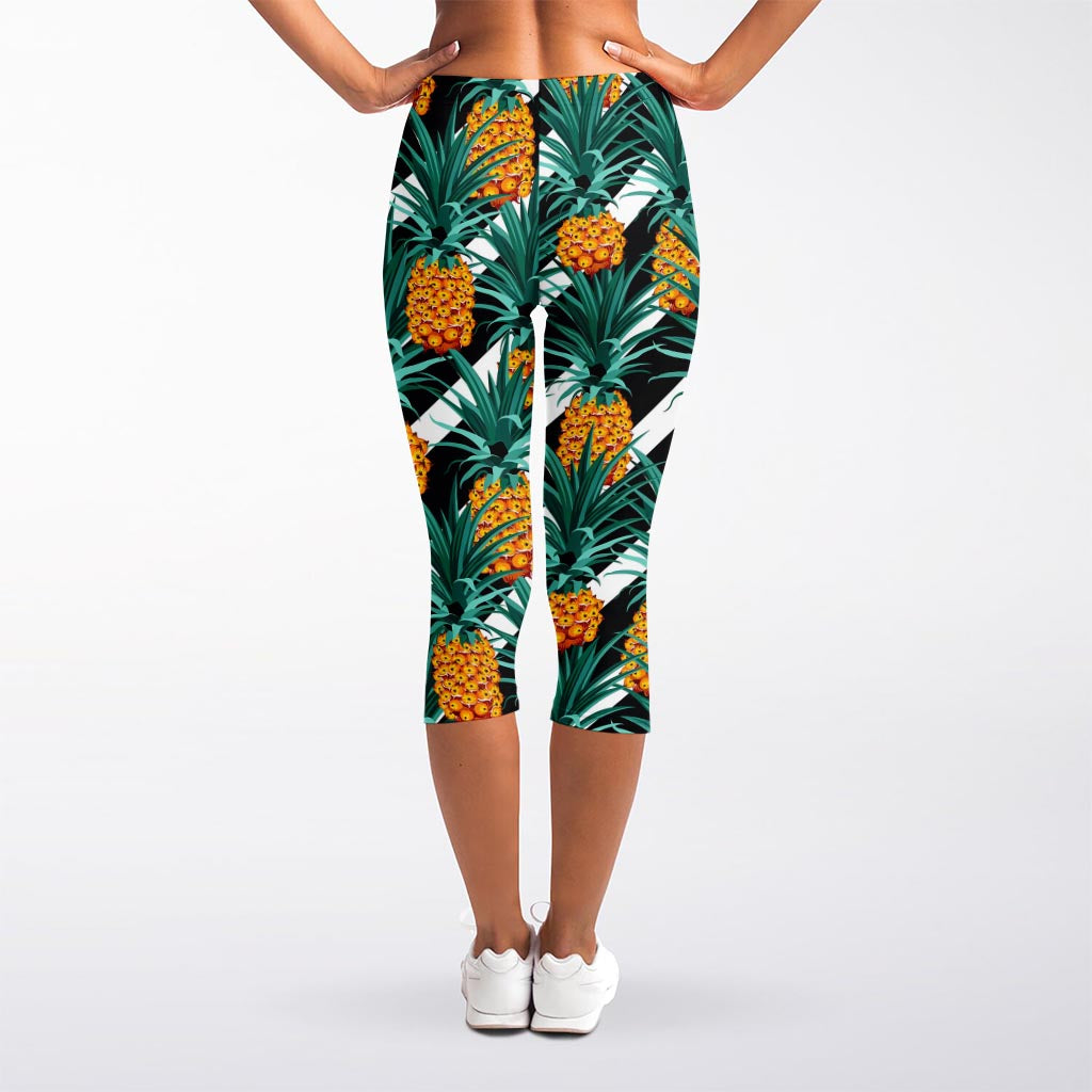 Pineapple Striped Pattern Print Women's Capri Leggings