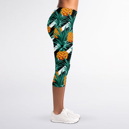 Pineapple Striped Pattern Print Women's Capri Leggings