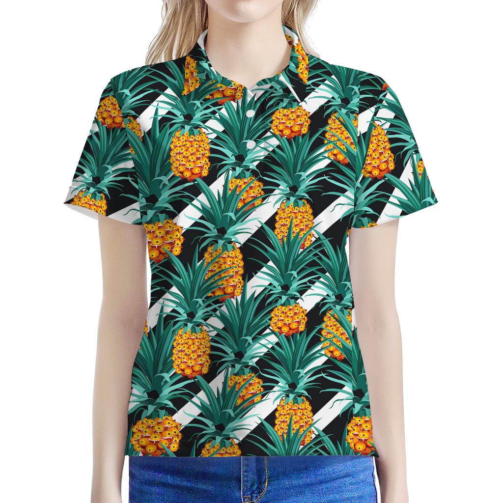Pineapple Striped Pattern Print Women's Polo Shirt