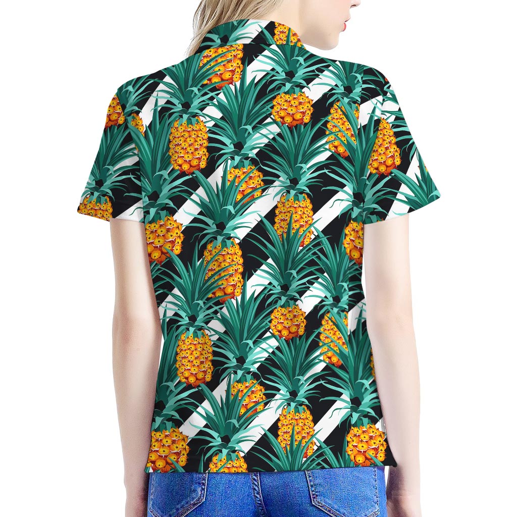 Pineapple Striped Pattern Print Women's Polo Shirt