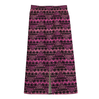 Pink African Ethnic Pattern Print Cotton Front Slit Maxi Skirt