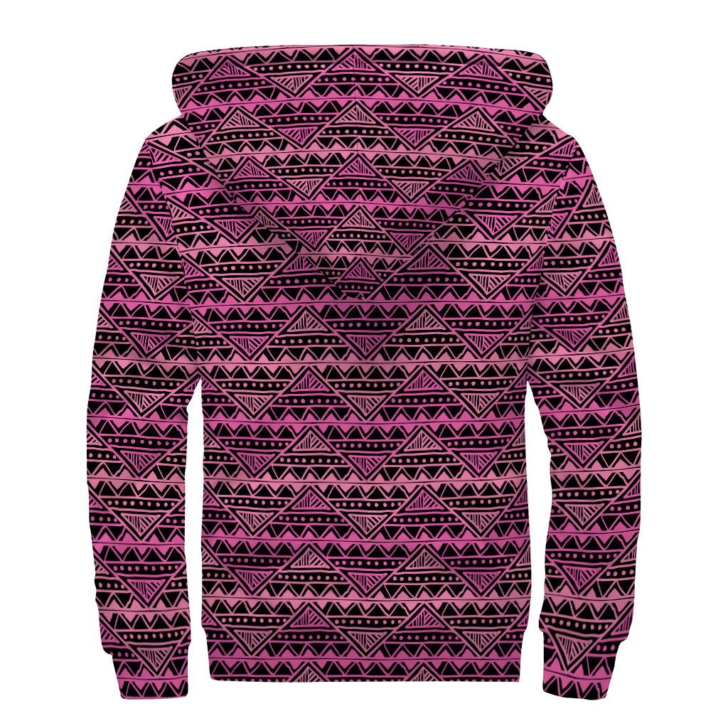Pink African Ethnic Pattern Print Sherpa Lined Zip Up Hoodie