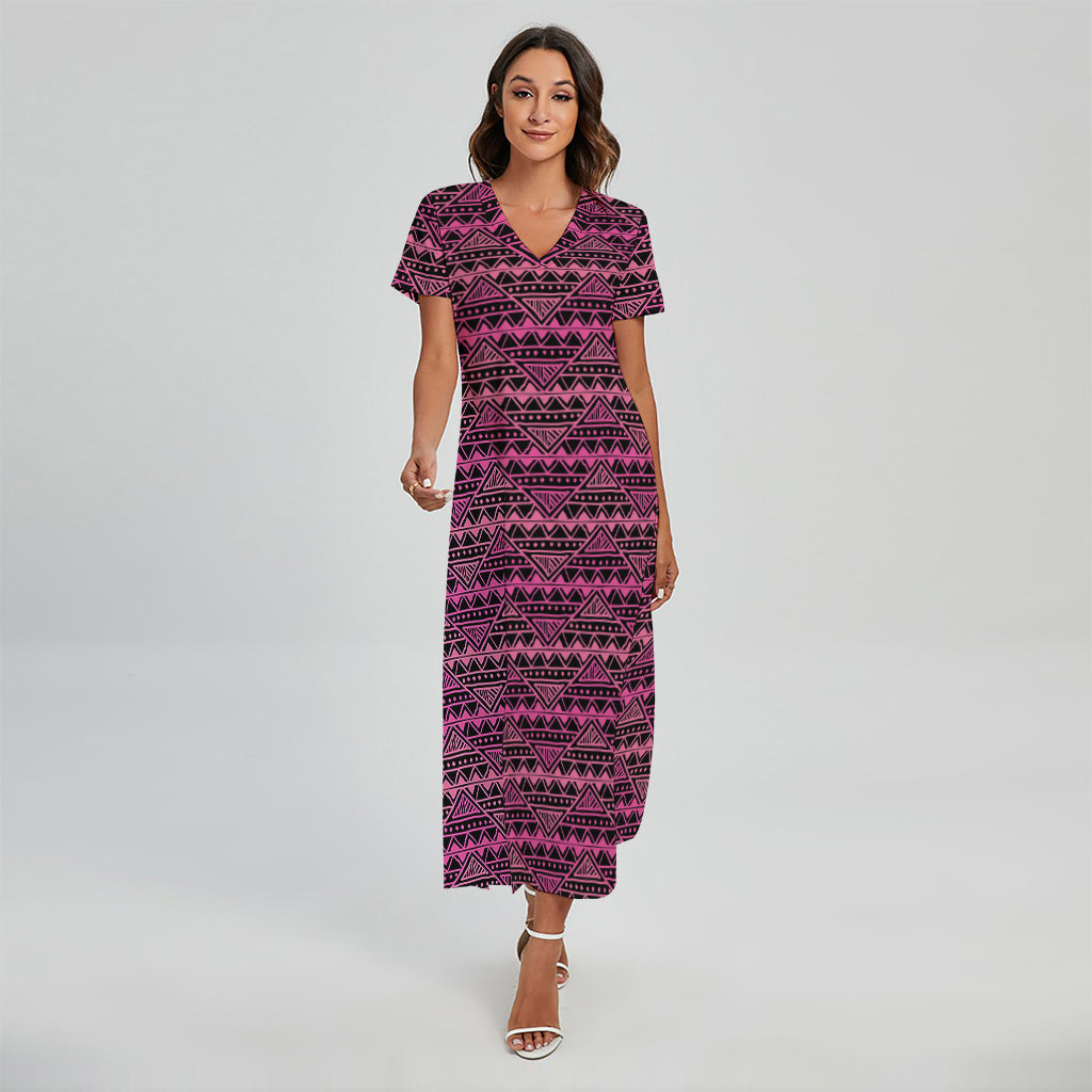 Pink African Ethnic Pattern Print Short Sleeve Maxi Dress