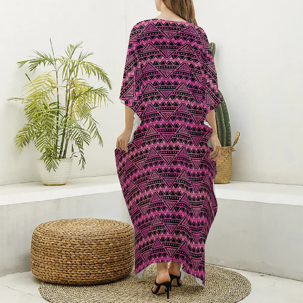 Pink African Ethnic Pattern Print Silk V-Neck Kaftan Dress