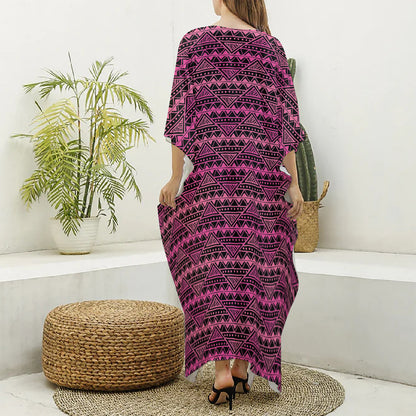 Pink African Ethnic Pattern Print Silk V-Neck Kaftan Dress
