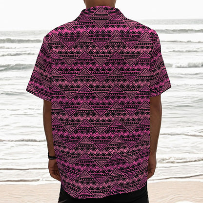 Pink African Ethnic Pattern Print Textured Short Sleeve Shirt