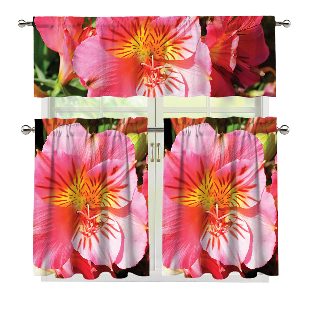 Pink Alstroemeria Print 3 Piece Kitchen Curtains