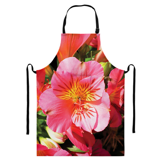 Pink Alstroemeria Print Bib Apron With Pocket