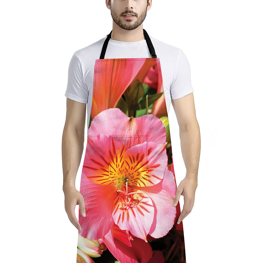 Pink Alstroemeria Print Bib Apron With Pocket