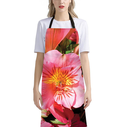 Pink Alstroemeria Print Bib Apron With Pocket