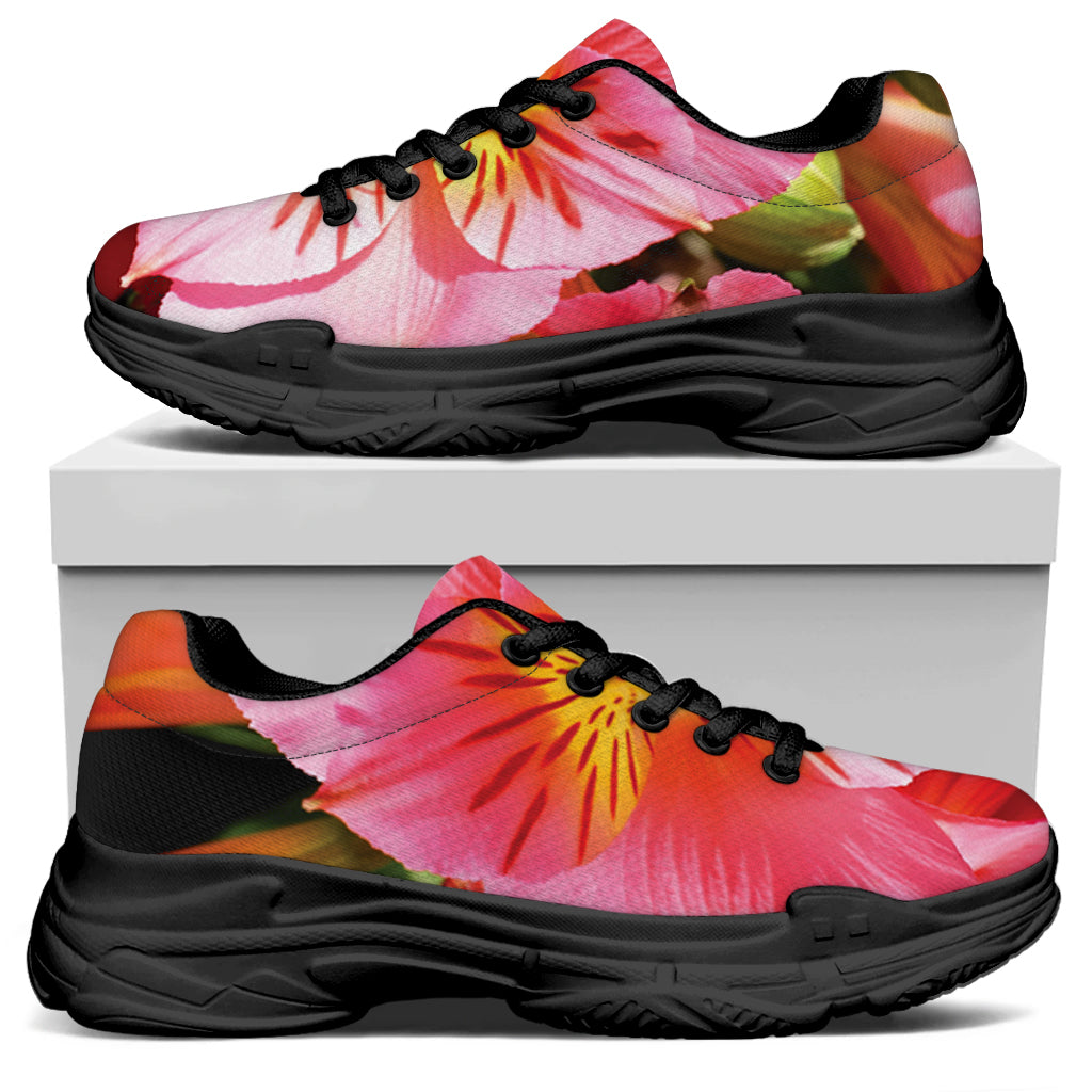 Pink Alstroemeria Print Black Chunky Shoes