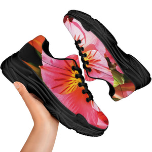 Pink Alstroemeria Print Black Chunky Shoes