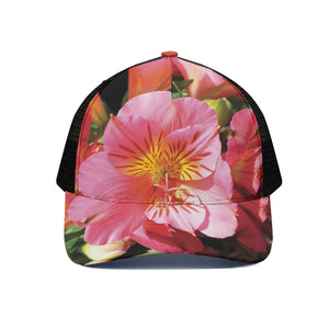 Pink Alstroemeria Print Black Mesh Trucker Cap