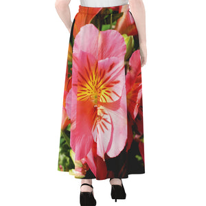 Pink Alstroemeria Print Chiffon Maxi Skirt