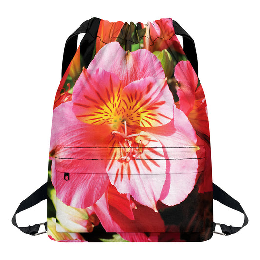 Pink Alstroemeria Print Drawstring Backpack