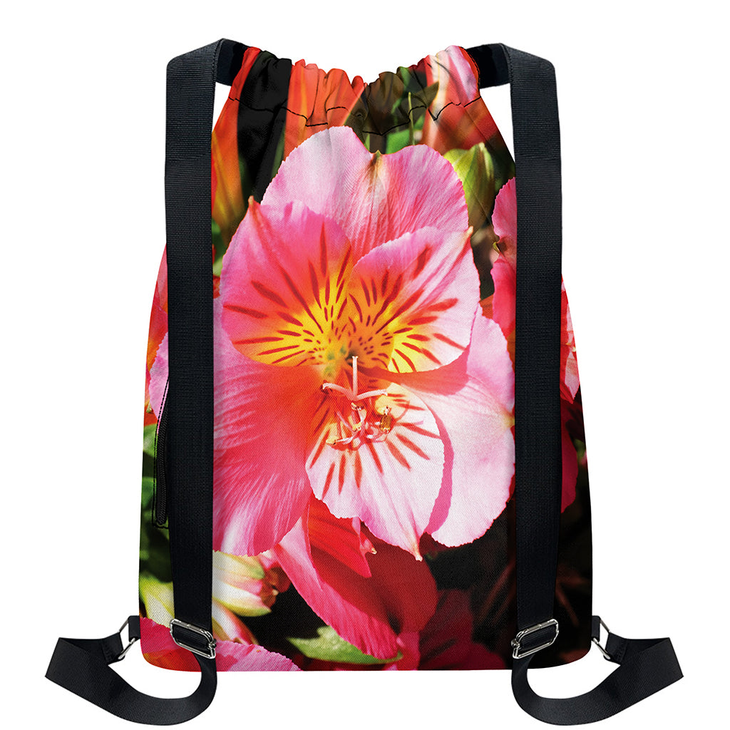 Pink Alstroemeria Print Drawstring Backpack