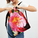 Pink Alstroemeria Print Drawstring Backpack