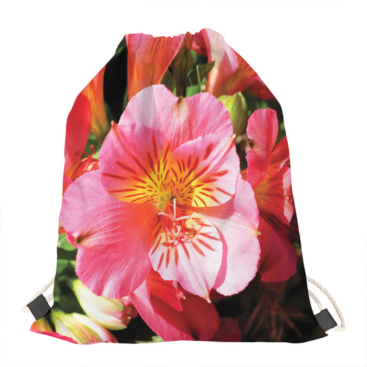 Pink Alstroemeria Print Drawstring Bag