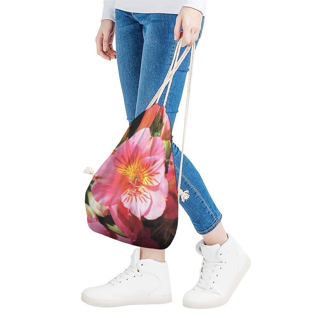 Pink Alstroemeria Print Drawstring Bag