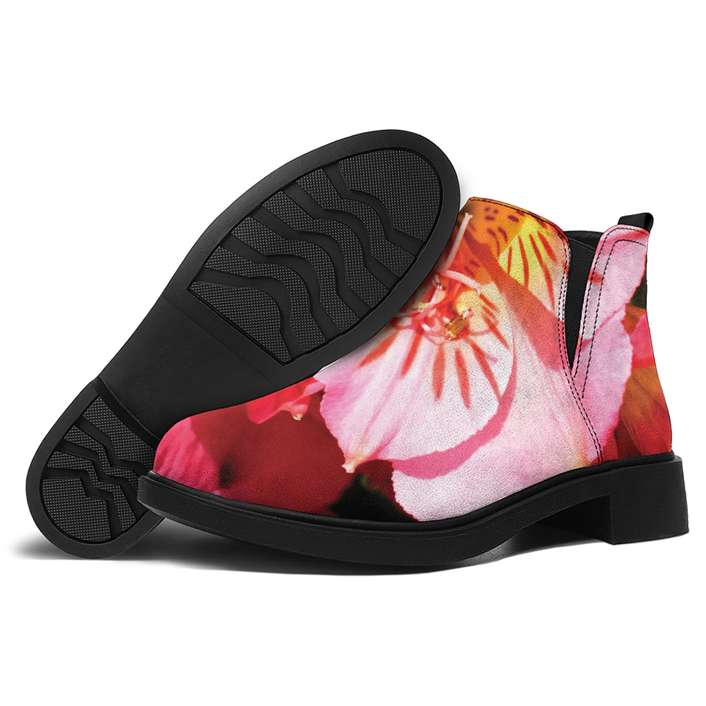 Pink Alstroemeria Print Flat Ankle Boots