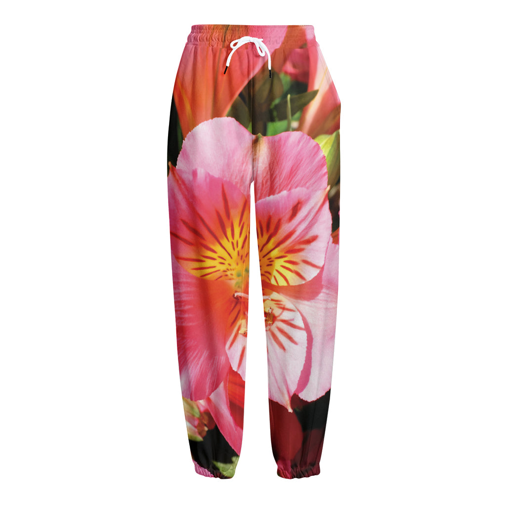 Pink Alstroemeria Print Fleece Lined Knit Pants