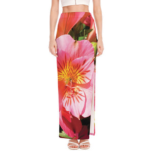 Pink Alstroemeria Print High Slit Maxi Skirt