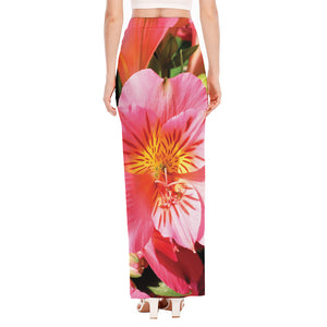 Pink Alstroemeria Print High Slit Maxi Skirt