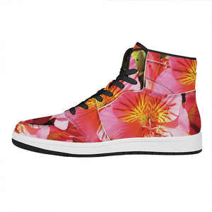 Pink Alstroemeria Print High Top Leather Sneakers