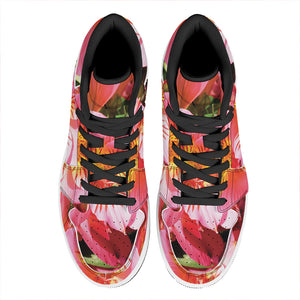 Pink Alstroemeria Print High Top Leather Sneakers