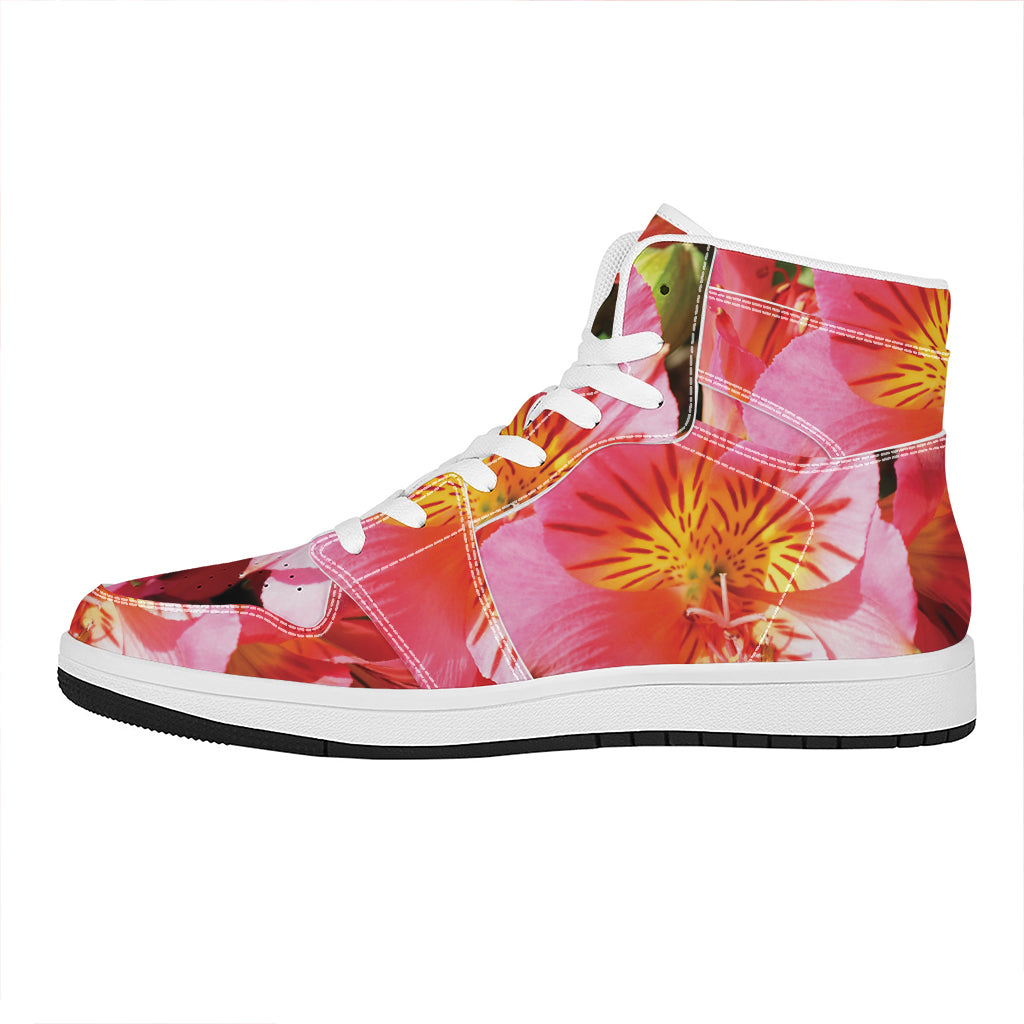 Pink Alstroemeria Print High Top Leather Sneakers