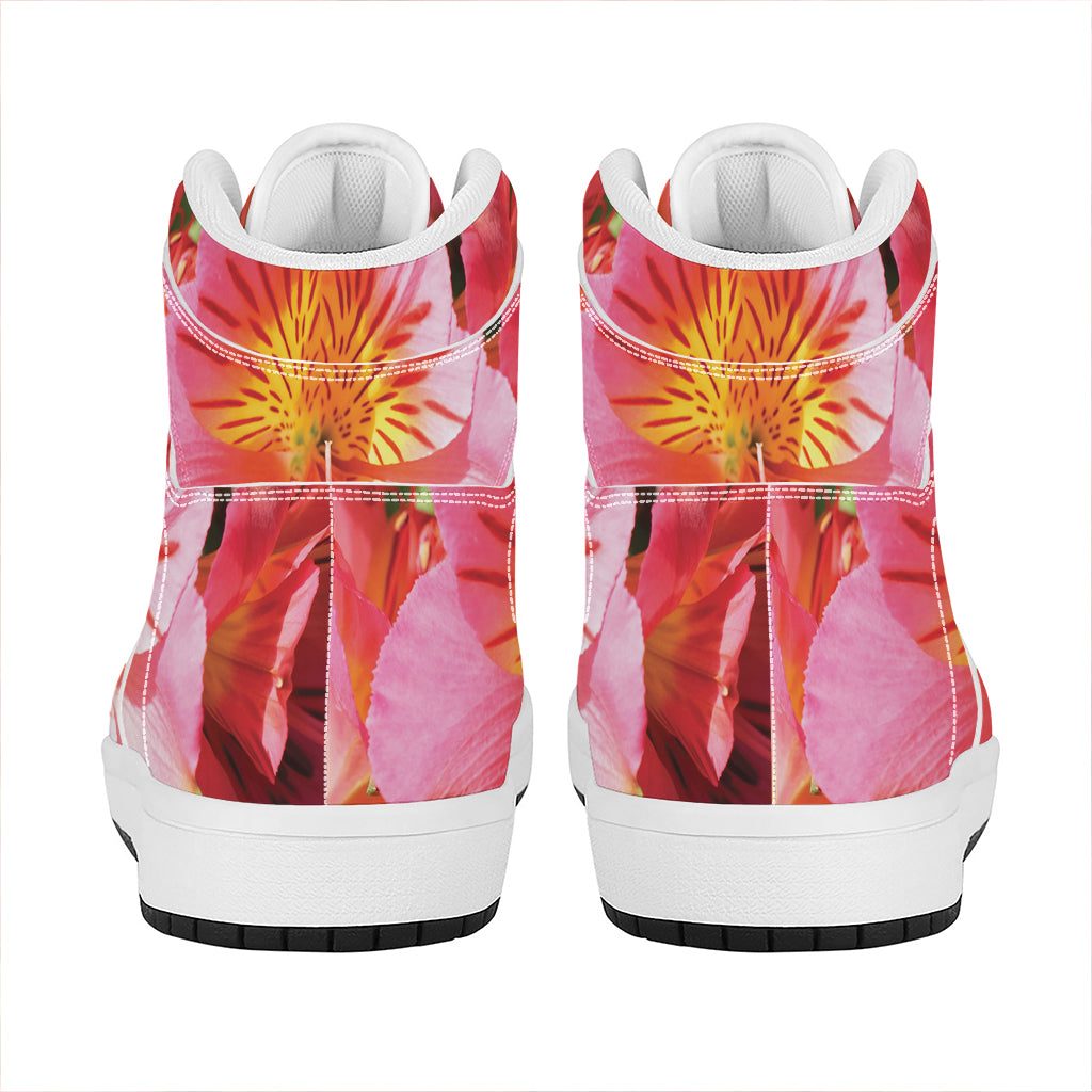 Pink Alstroemeria Print High Top Leather Sneakers