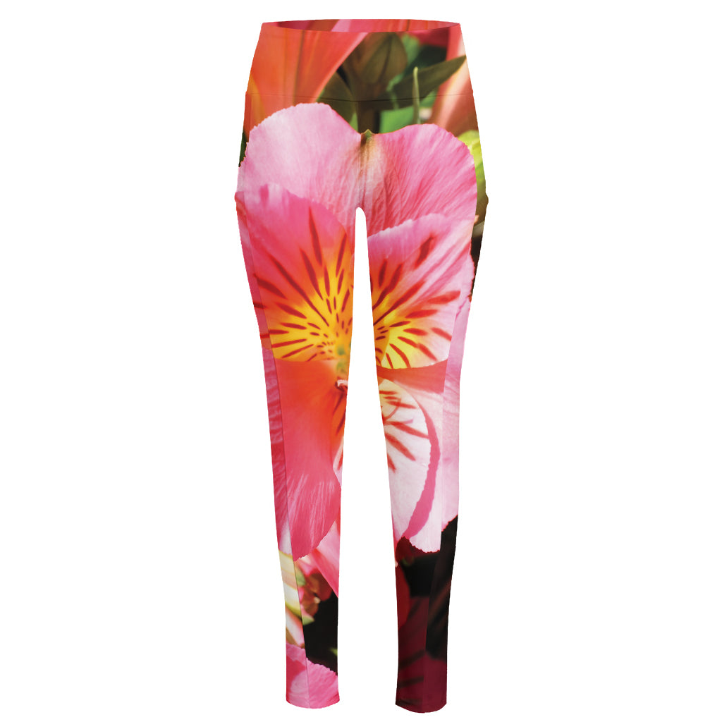 Pink Alstroemeria Print High-Waisted Pocket Leggings