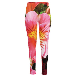 Pink Alstroemeria Print High-Waisted Pocket Leggings