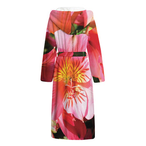 Pink Alstroemeria Print Hooded Bathrobe