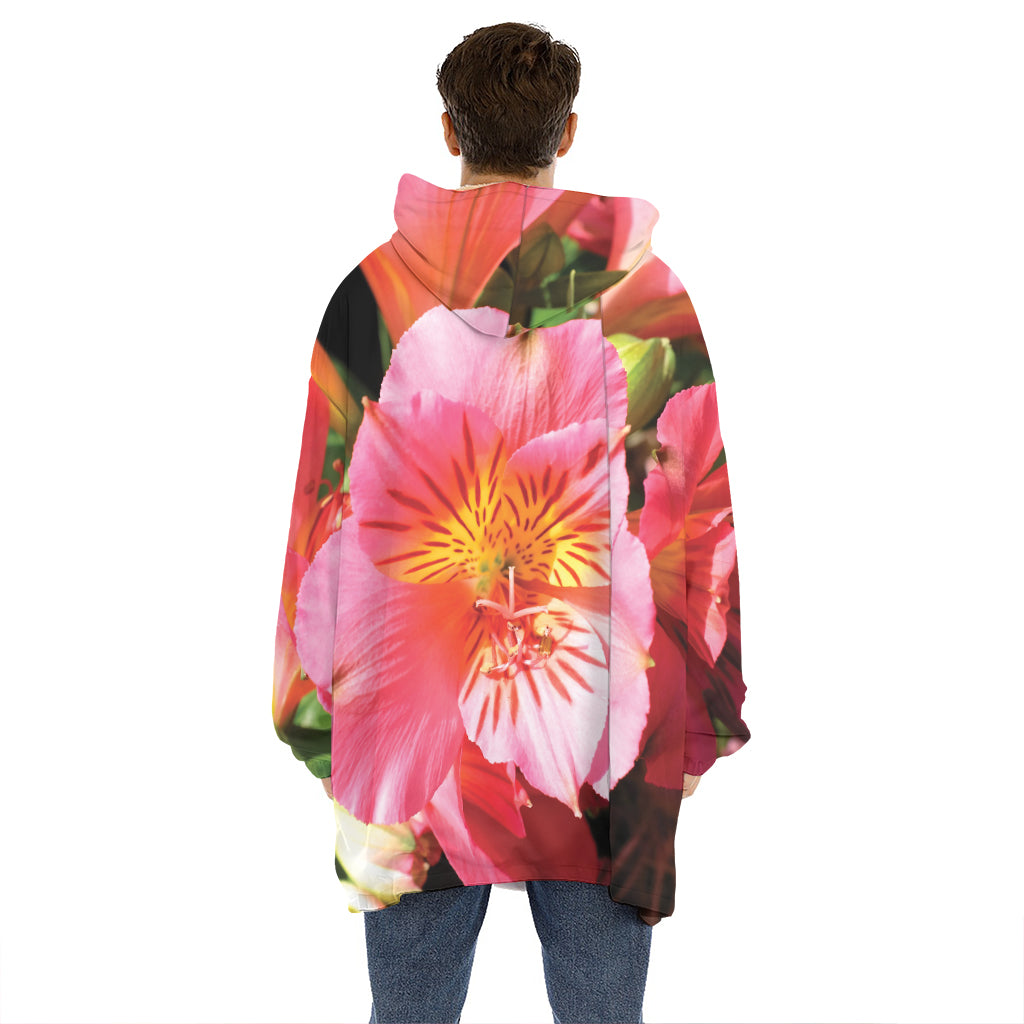 Pink Alstroemeria Print Hoodie Blanket