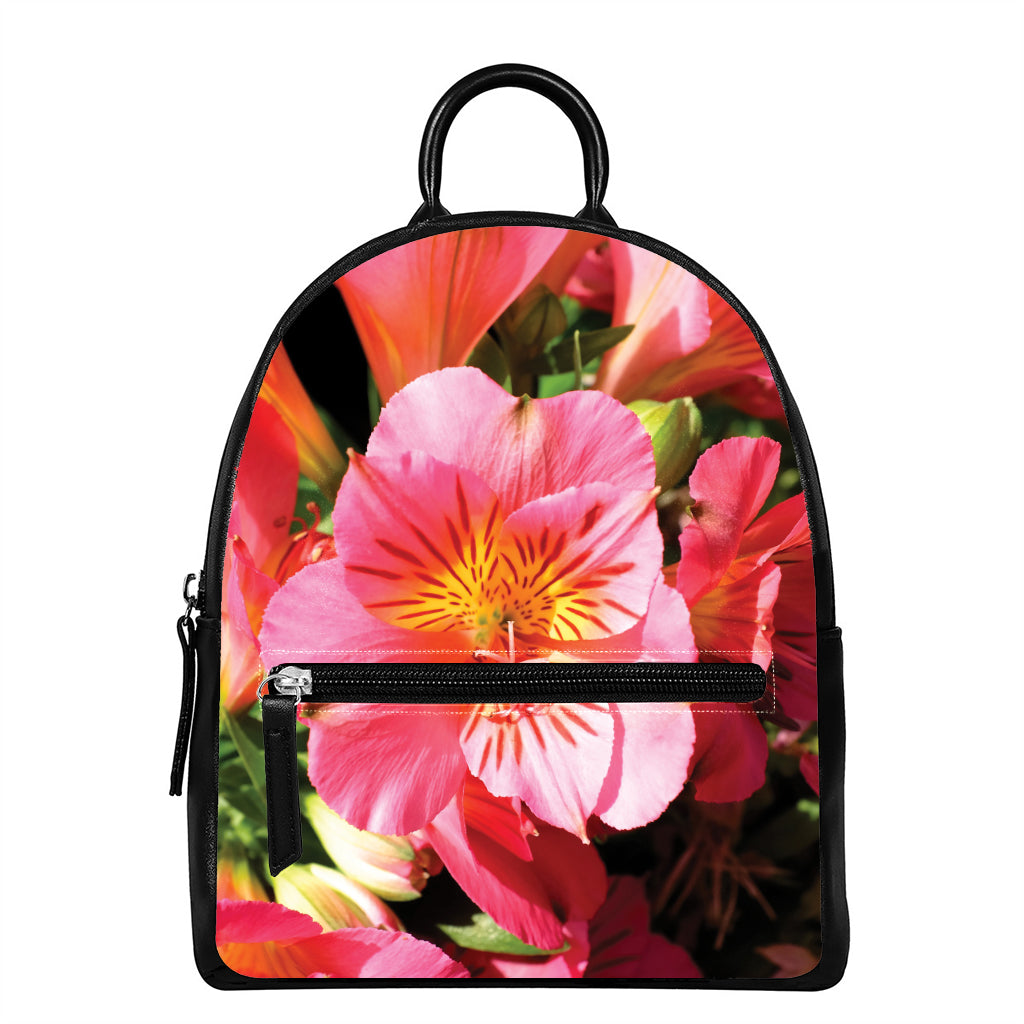 Pink Alstroemeria Print Leather Backpack