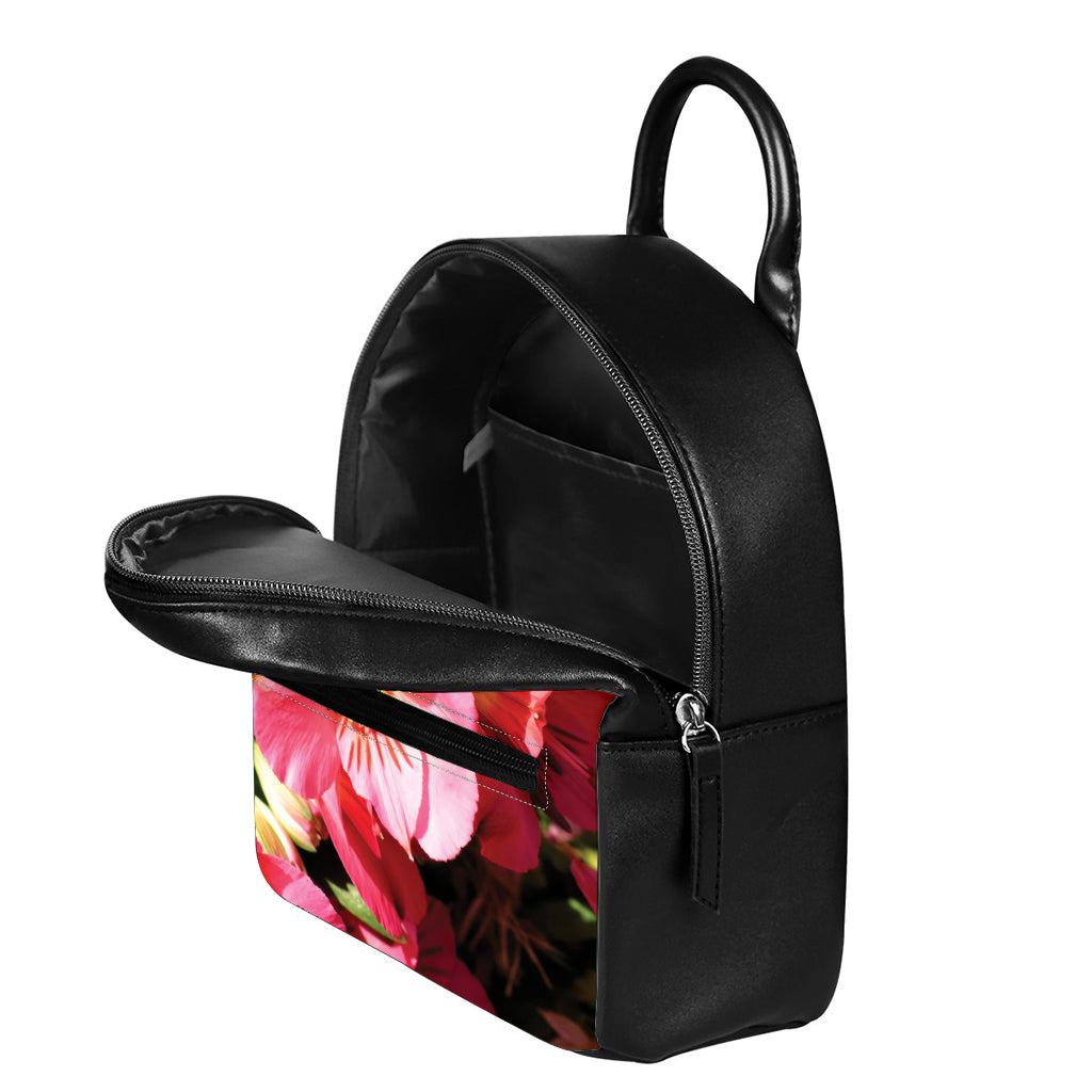 Pink Alstroemeria Print Leather Backpack