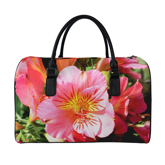 Pink Alstroemeria Print Leather Duffle Bag