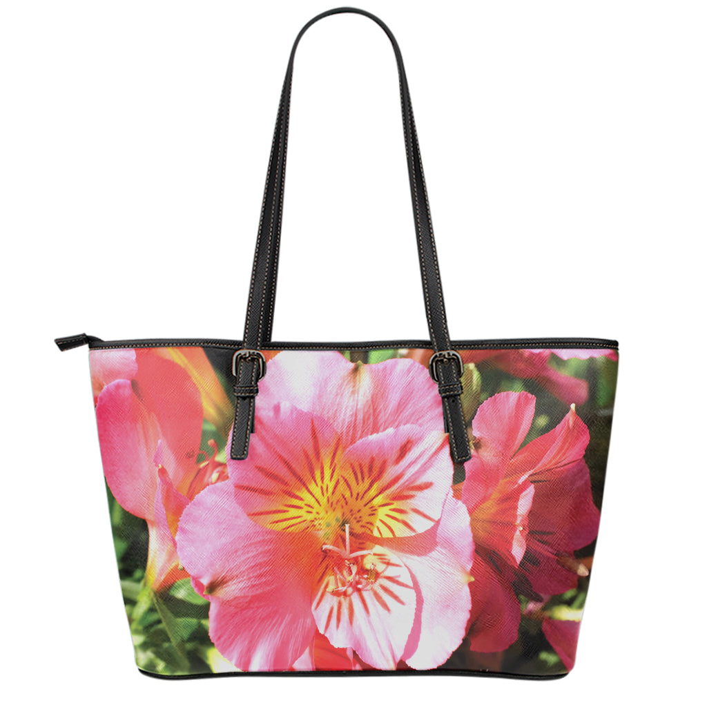 Pink Alstroemeria Print Leather Tote Bag