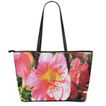 Pink Alstroemeria Print Leather Tote Bag