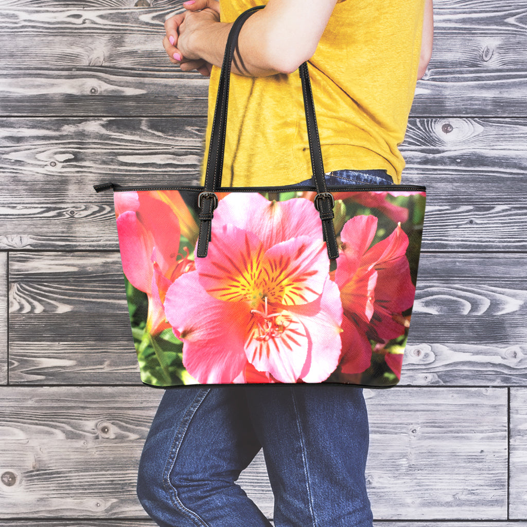 Pink Alstroemeria Print Leather Tote Bag