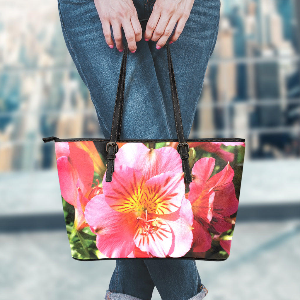 Pink Alstroemeria Print Leather Tote Bag