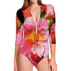 Pink Alstroemeria Print Long Sleeve Swimsuit