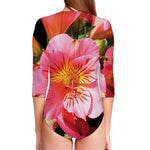 Pink Alstroemeria Print Long Sleeve Swimsuit