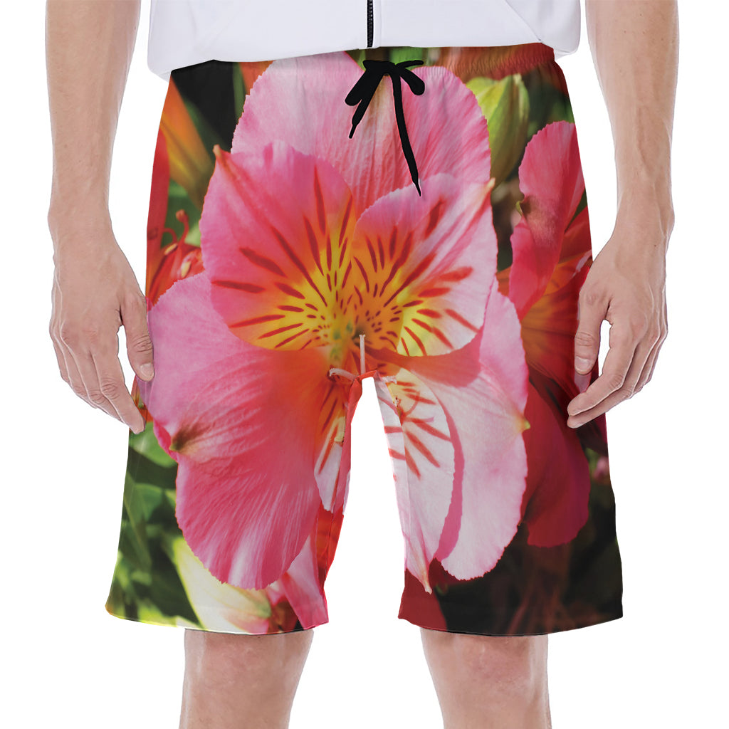 Pink Alstroemeria Print Men's Beach Shorts