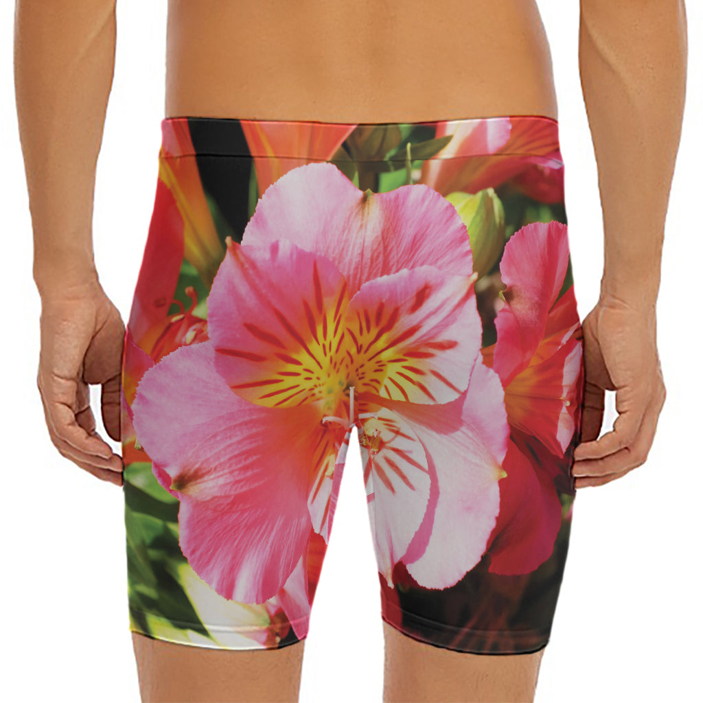 Pink Alstroemeria Print Men's Long Boxer Briefs