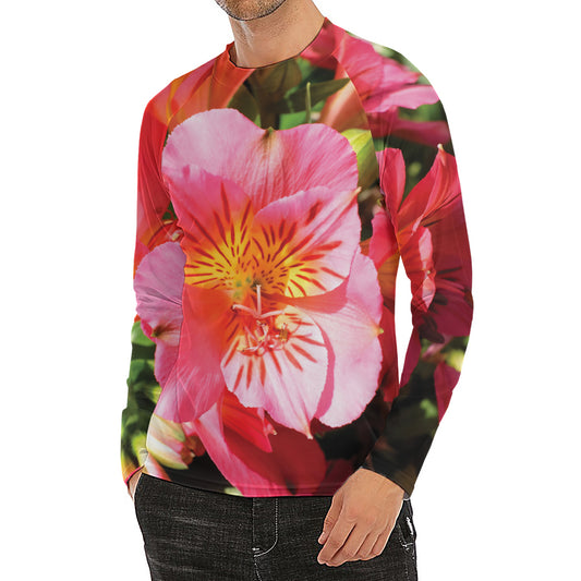 Pink Alstroemeria Print Men's Long Sleeve Rash Guard
