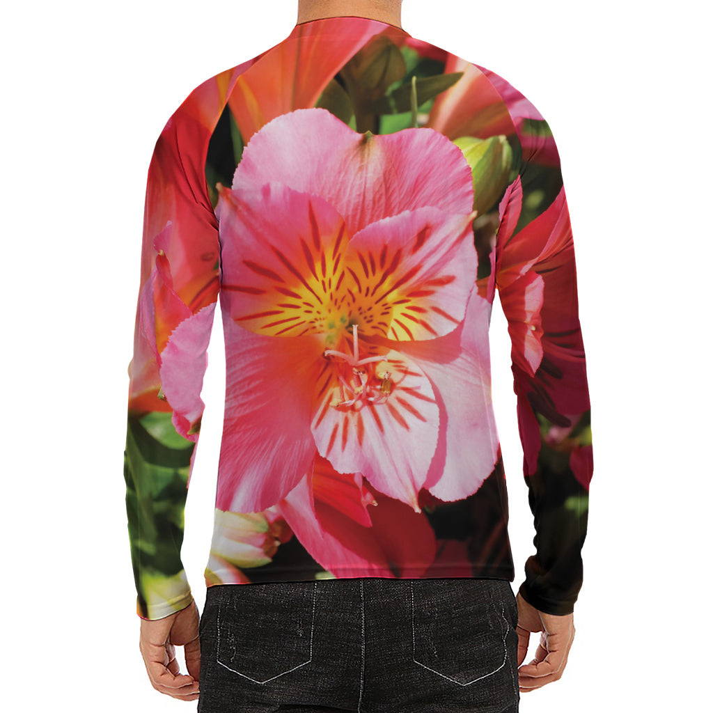 Pink Alstroemeria Print Men's Long Sleeve Rash Guard