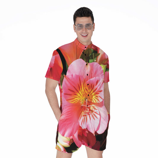 Pink Alstroemeria Print Men's Rompers